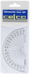 PROTRACTOR CELCO 10CM 180 DEG HALF CIRCLE CLEAR